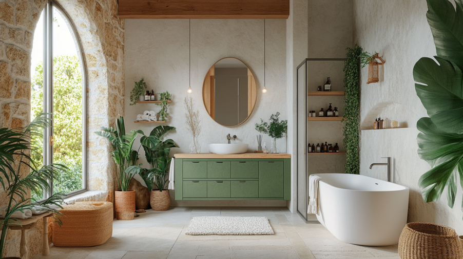 An eucalyptus green bathroom vanity with natural wood shelving, creating a calming, spa-like atmosphere with earthy tones.