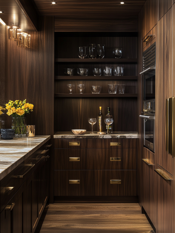 Luxurious kitchen pantry cabinets in dark walnut and ebony wood, with brushed metal finishes and marble countertops.
