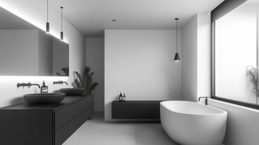 A minimalist bathroom with a black vanity against white walls and a simple modern design.