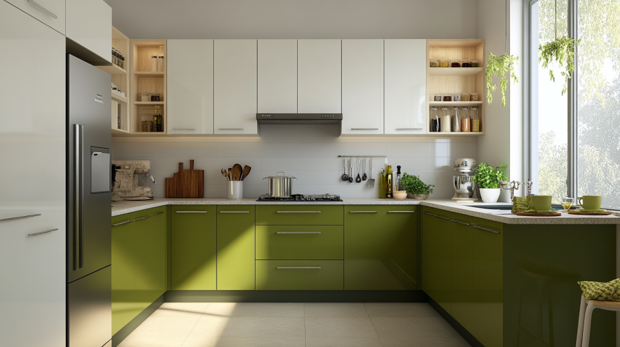 Two-tone kitchen cabinets with olive green base and white upper for a nature-inspired feel.