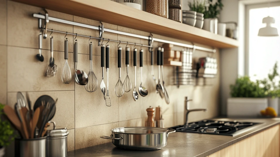Space-Saving Wall Kitchen Cabinet Designs for Small Kitchens 5 Kitchen with hanging storage under wall cabinets for utensils and small kitchen tools.