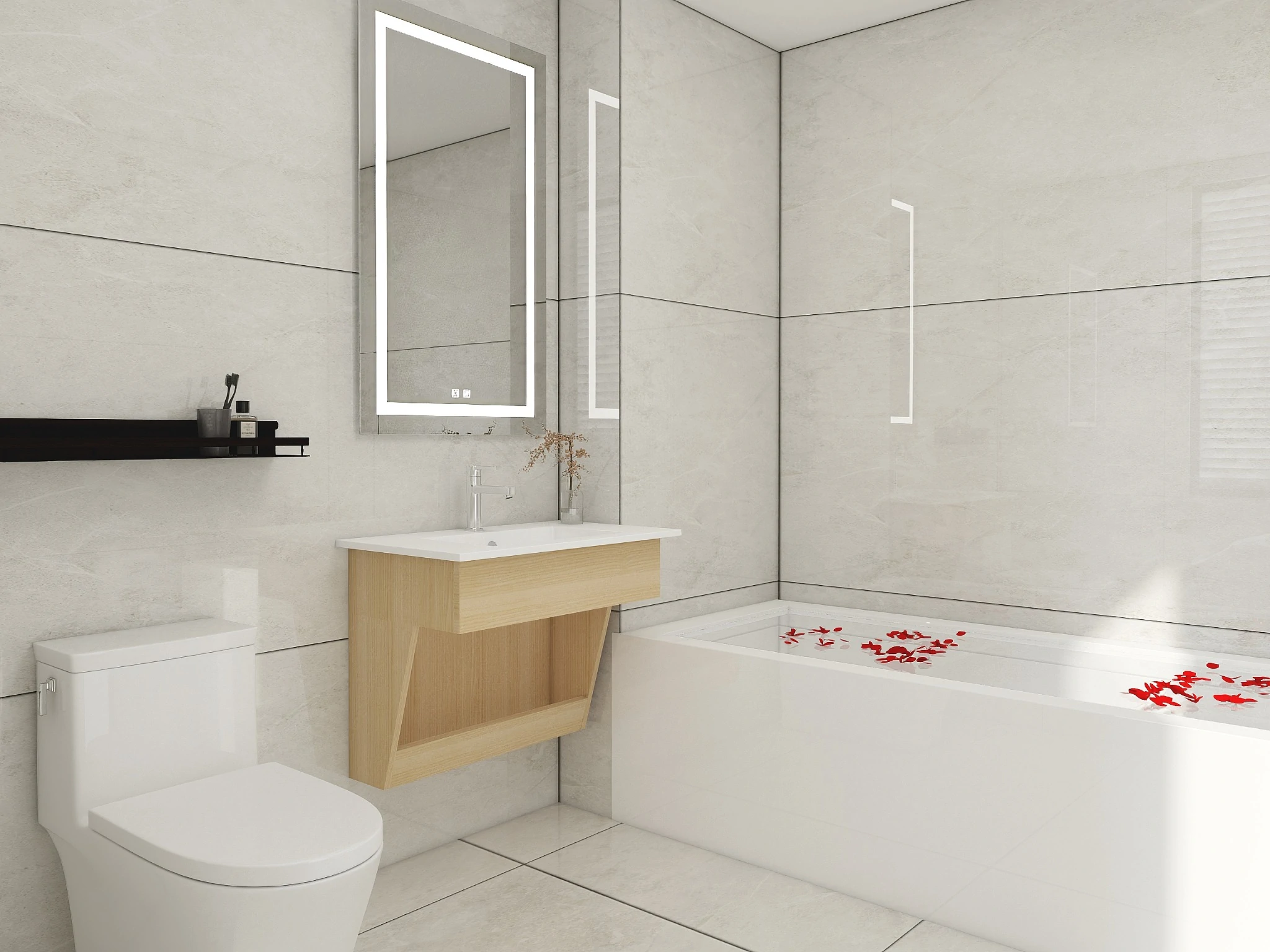 Wall-mounted single sink vanity with a modern design, sleek mirror, and minimalistic storage.