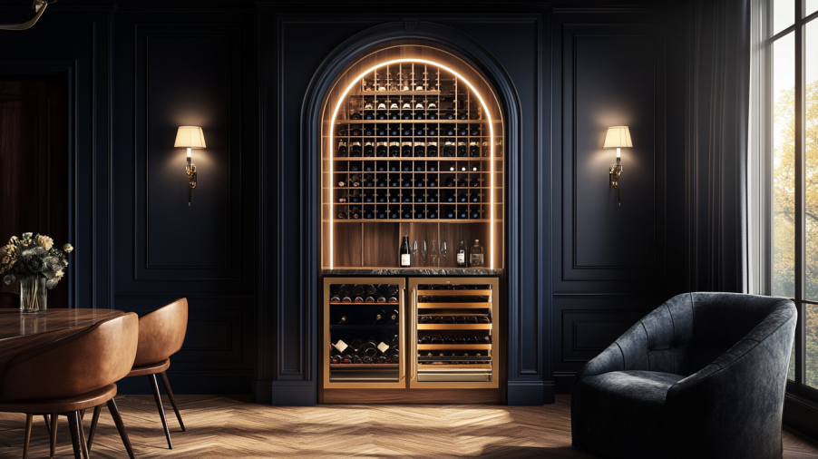 An arched bar cabinet with inner wine slots, pull-out trays, and a mirrored back panel in a media room.