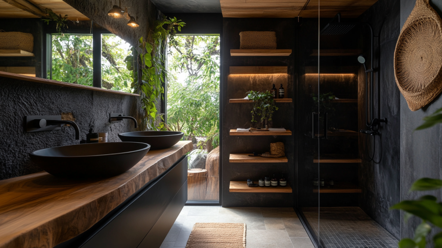 A modern bathroom featuring a black vanity with natural wood accents, offering a warm and stylish atmosphere.