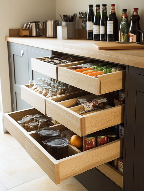 Practical kitchen pantry with pull-out drawers, open shelving, and a clean, functional layout designed for easy access.