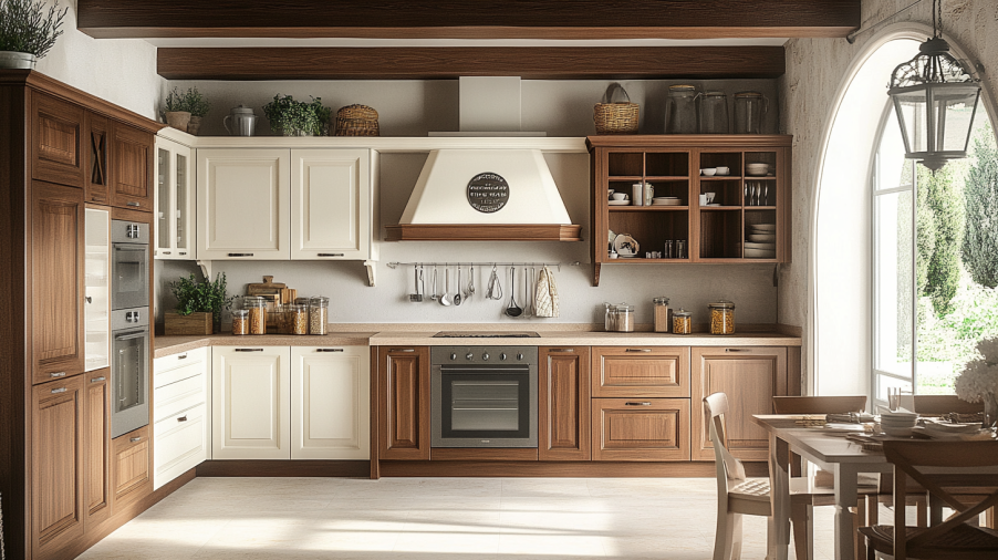 Rustic two-tone kitchen design featuring warm brown base and cream upper cabinets.