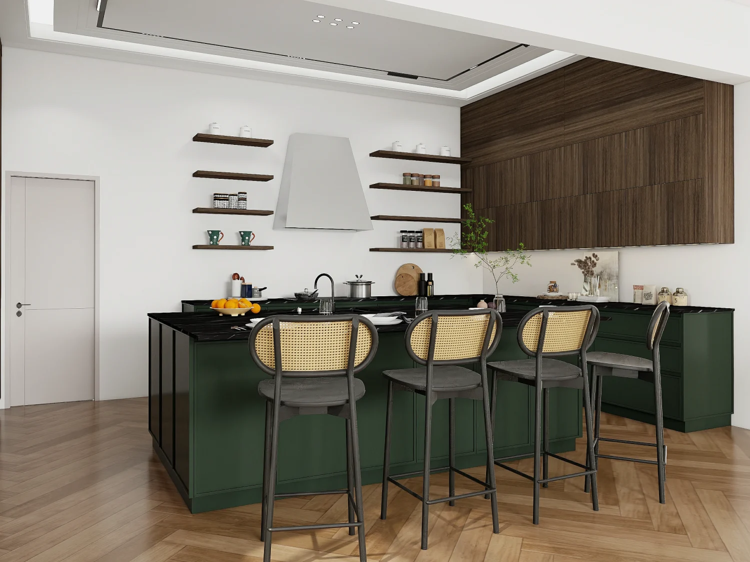 Space-Saving Wall Kitchen Cabinet Designs for Small Kitchens 6 Wall-mounted shelves in a kitchen, providing additional storage and decorative space.