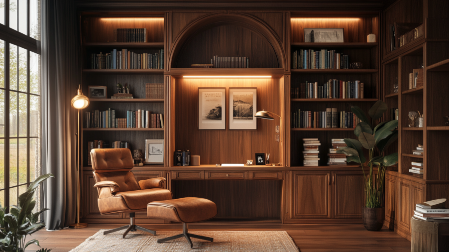 A home office with an arched bookcase cabinet filled with books and art.
