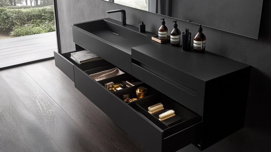 Modern bathroom vanity with deep drawers, designed for optimal storage and organization of toiletries.