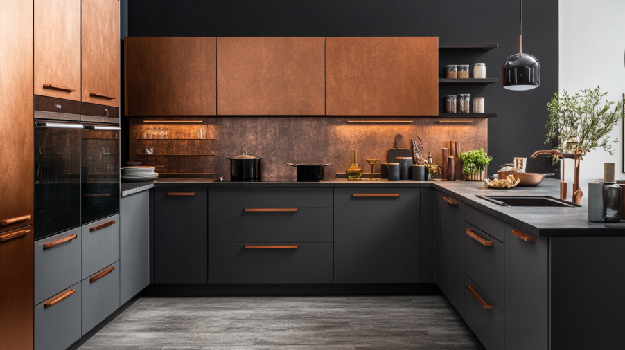 Two-tone kitchen with deep gray base cabinets and metallic copper accents.