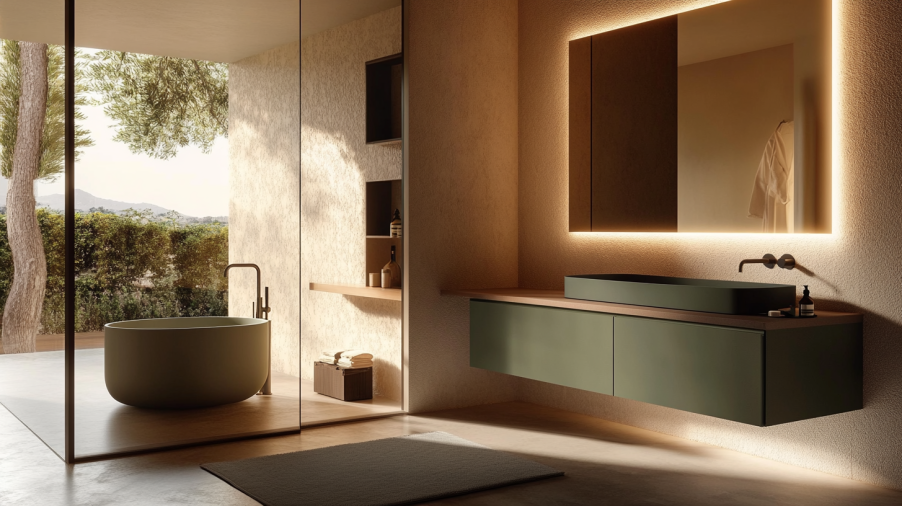 A floating deep green bathroom vanity with concealed hardware, paired with a backlit mirror for a sleek, modern design.