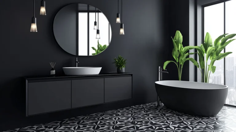 Modern black bathroom vanity with geometric floor tiles and large circular mirror, surrounded by large windows.