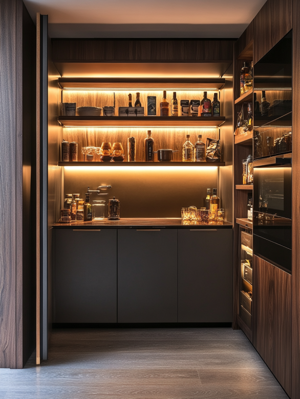 6. high-tech-luxurious-kitchen-pantry-cabinet Luxurious kitchen pantry with touch-to-open systems, soft-close features, and built-in LED lighting for a modern, high-tech experience.