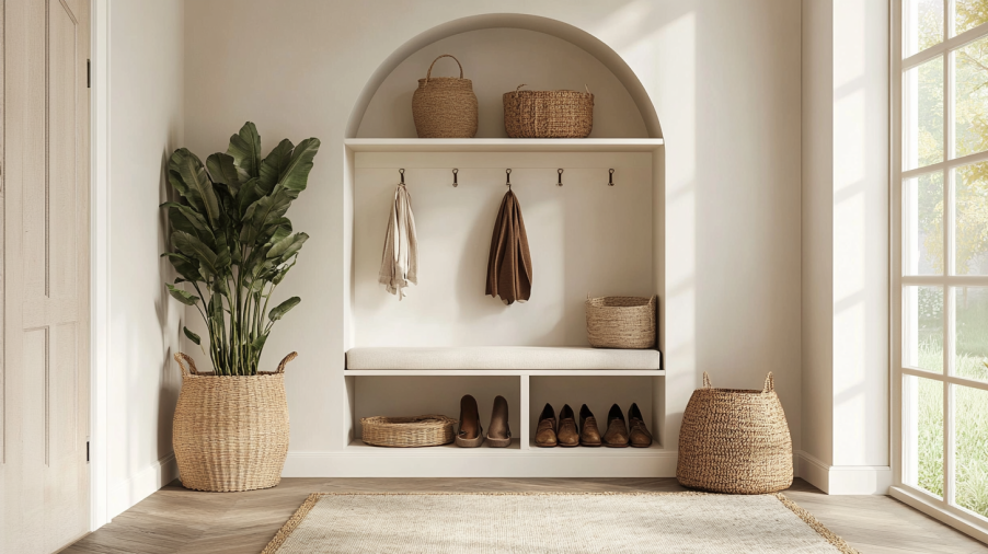 A minimalist arch storage cabinet with recessed arch cutouts in a hallway.