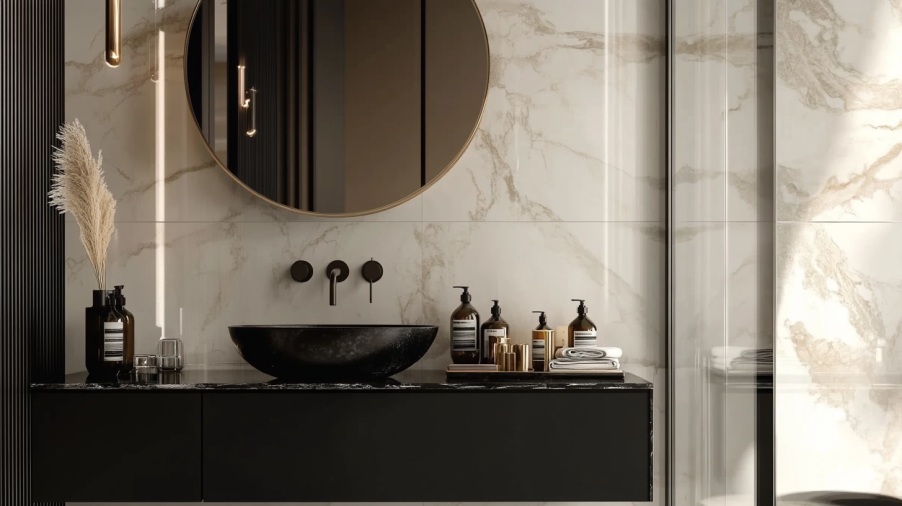Close-up of a black vanity with a luxurious marble countertop, round mirror, and warm lighting accents.