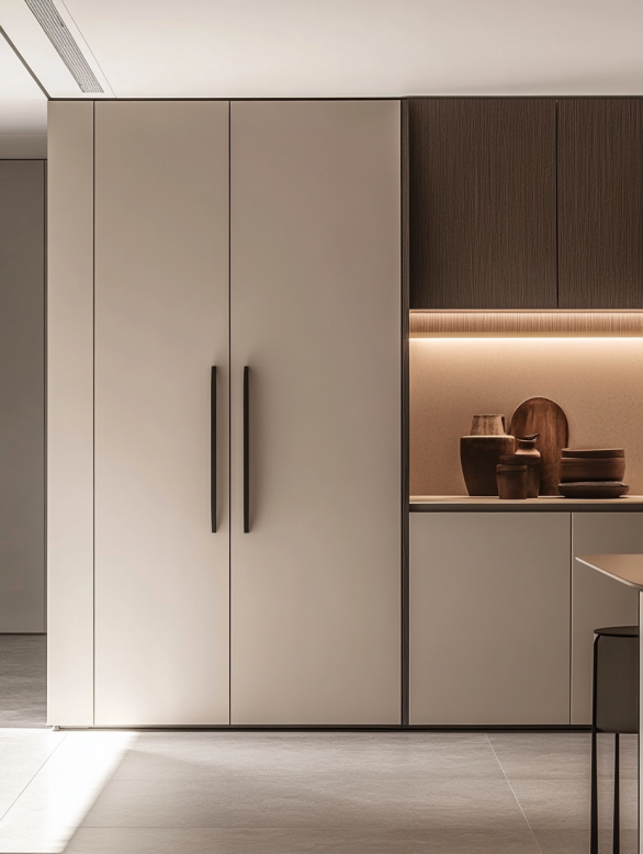 7. minimalist-kitchen-pantry-flat-front-cabinet Minimalist kitchen pantry with flat-front cabinets, hidden handles, and a sleek, seamless design.