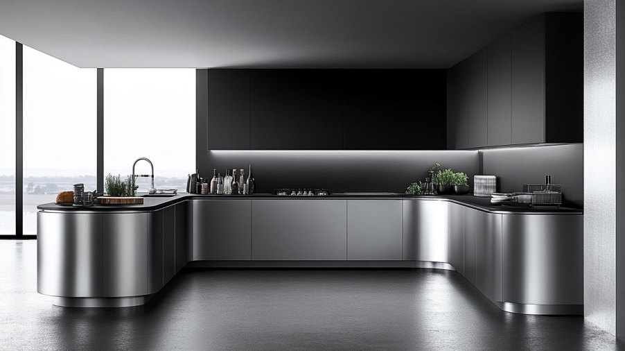 Modern two-tone kitchen cabinets with silver base and charcoal upper cabinets for a sleek look.