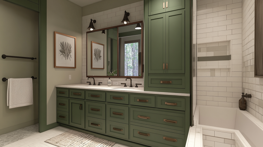 A two-tone green bathroom vanity with forest green base cabinets and sage upper cabinets, complemented by a white marble countertop.
