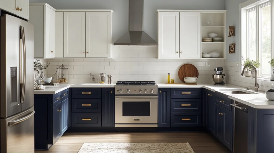 Space-Saving Wall Kitchen Cabinet Designs for Small Kitchens 8 A small kitchen with two-tone wall cabinets, using light upper cabinets and dark lower cabinets to create a sense of space.