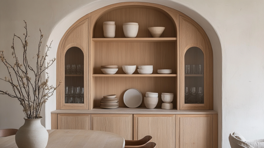 An arched wall cabinet mounted above a buffet in a dining room with curved wooden doors.