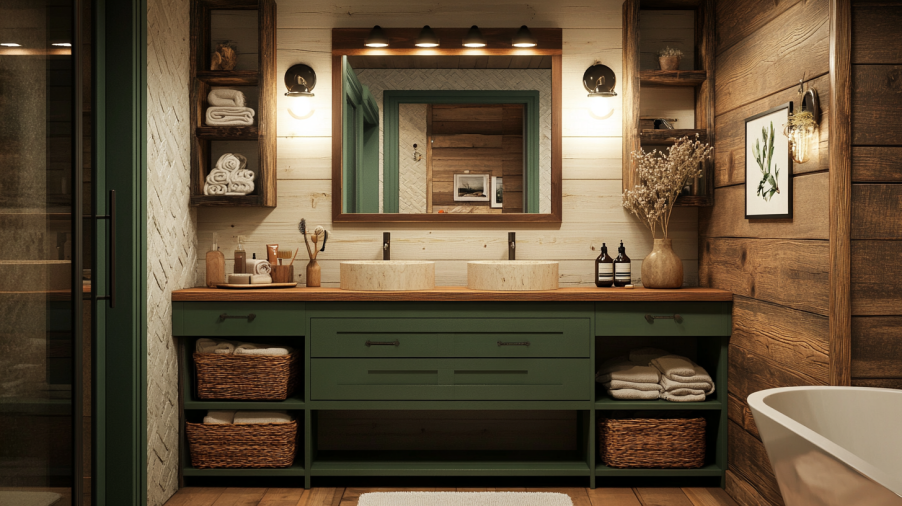 A green bathroom vanity framed with a walnut wood countertop and matching floating shelves for a warm, natural touch.