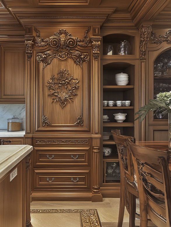 8. luxurious-kitchen-pantry-ornate-details Luxurious kitchen pantry with ornate carved wood accents, decorative hardware, and vintage-inspired details.