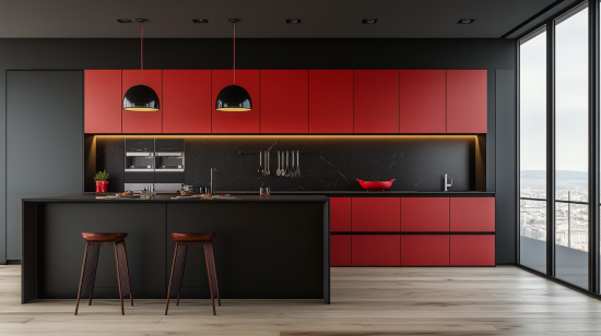 Bold red and black two-tone kitchen cabinets for a dramatic and energetic contrast.