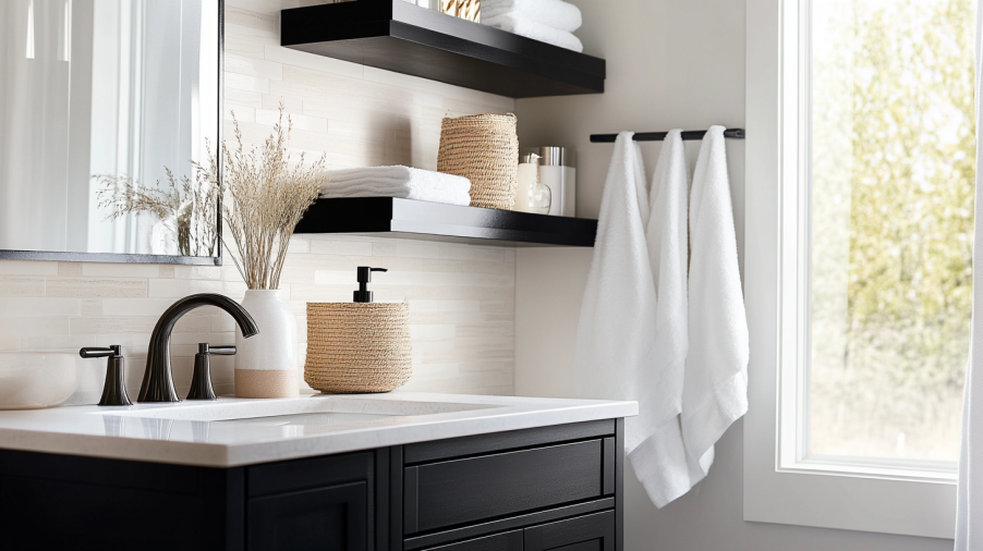 Black vanity with open shelving, featuring modern bathroom essentials and decorative items.