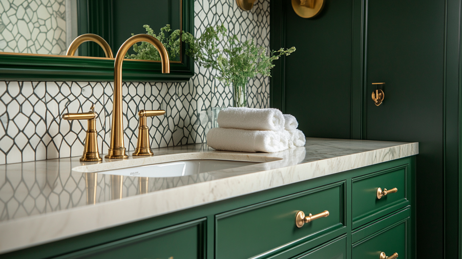 A luxurious green bathroom vanity with brass and gold hardware, paired with a marble countertop for an elegant and upscale finish.
