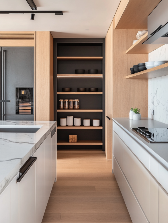 9. open-flowing-kitchen-pantry-layout Simplified kitchen pantry with an open, flowing layout, maximizing space with clean lines and seamless integration.