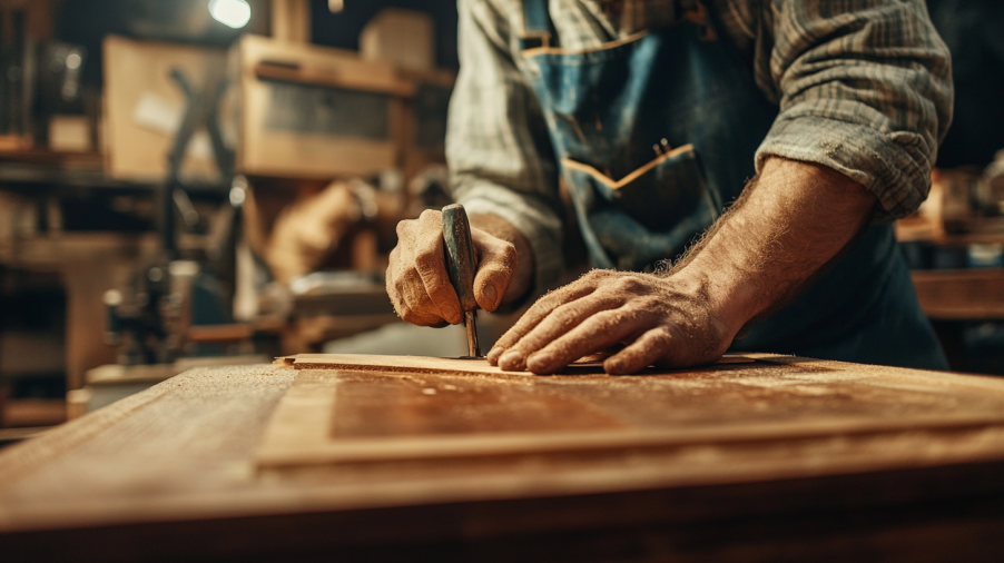 Skilled artisan crafting Bertch Cabinet with precision, showcasing high-quality woodworking and attention to detail.