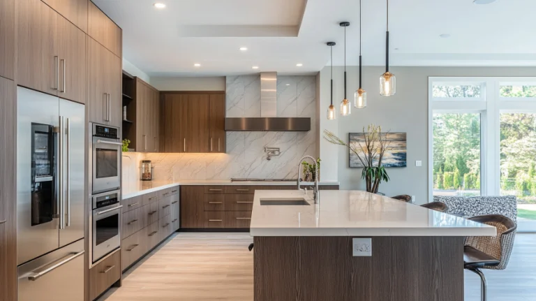 A modern kitchen featuring Bertch Cabinets with custom wood finishes and elegant hardware, creating a contemporary design.