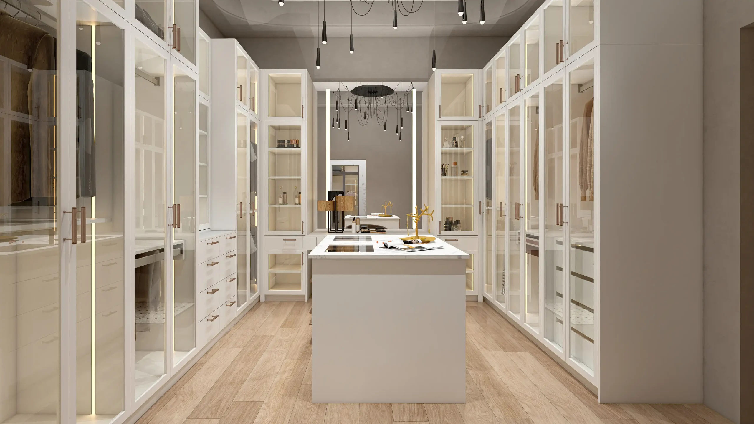 U shaped layout walk in closet with glass front cabinets central island and modern lighting design scaled