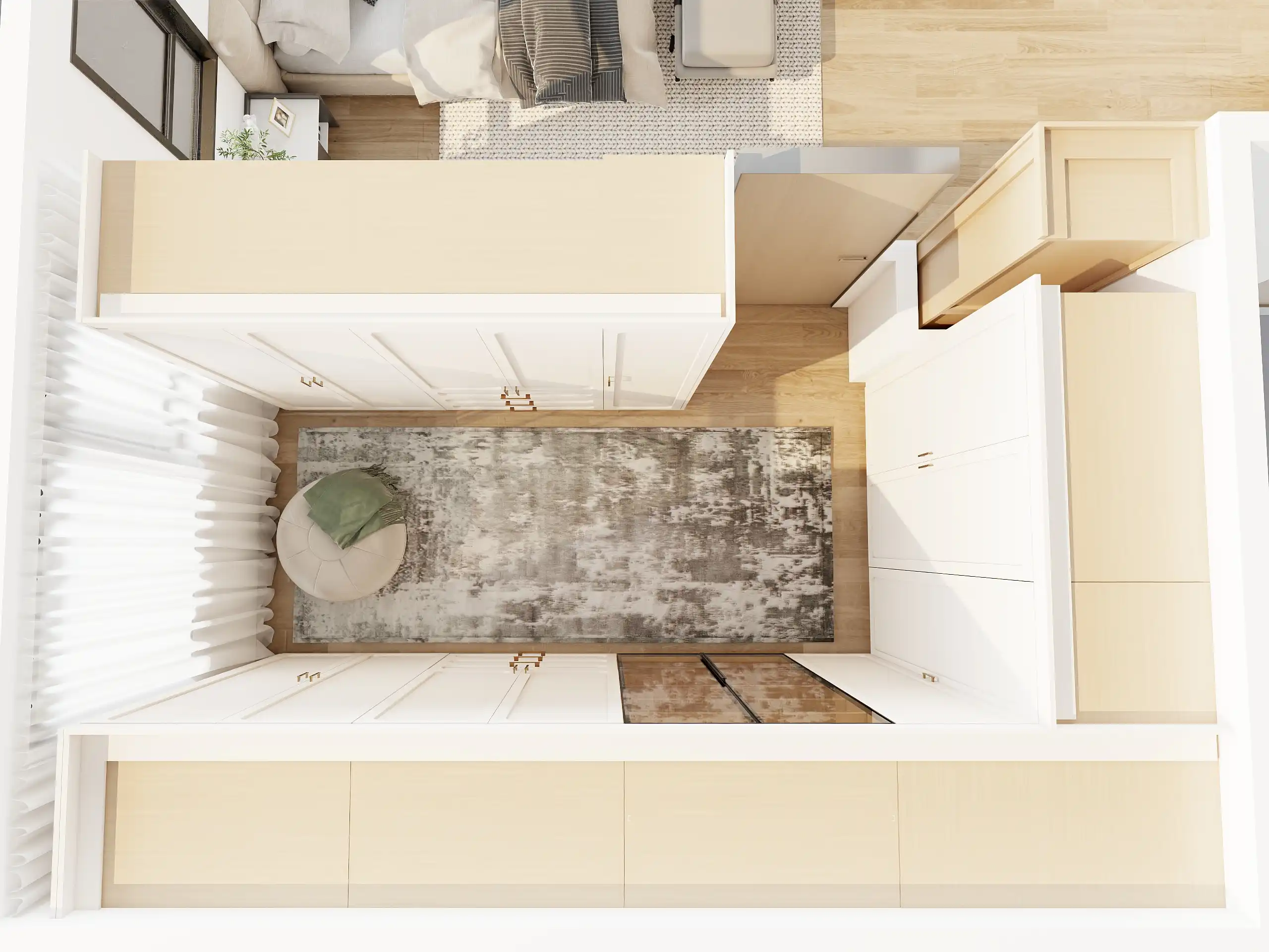 aerial view of walk in closet with white cabinets beige shelving and cozy seating area