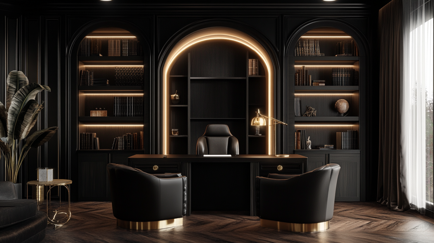 Arched Cabinet Ideas: Inspiration and a Practical Selection Guide 1 An office space featuring black arched cabinets with integrated lighting, dark wood furniture, and luxurious leather seating.