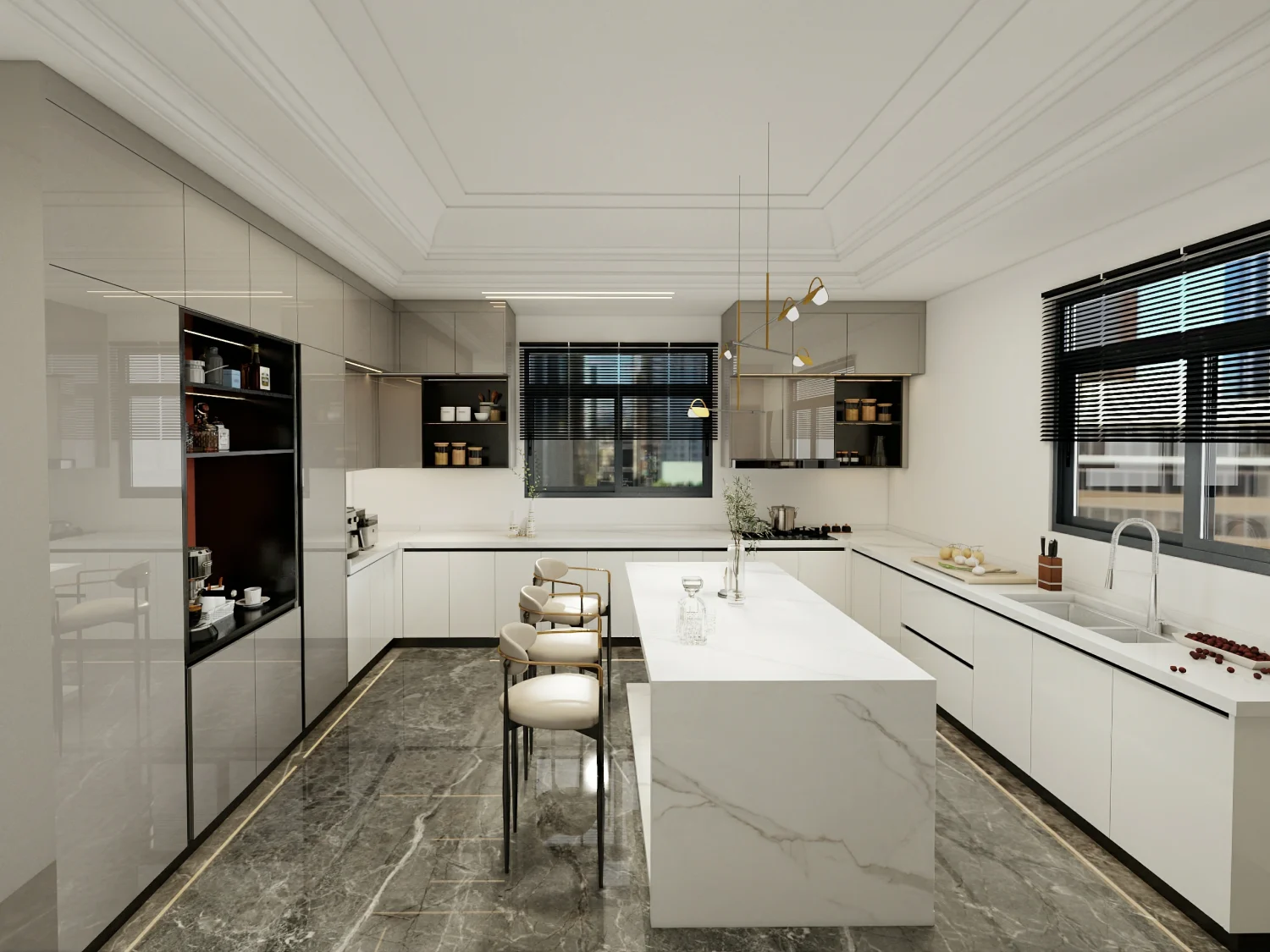 Modern high gloss kitchen cabinets with sleek finishes and minimalist design in white and gray tones.