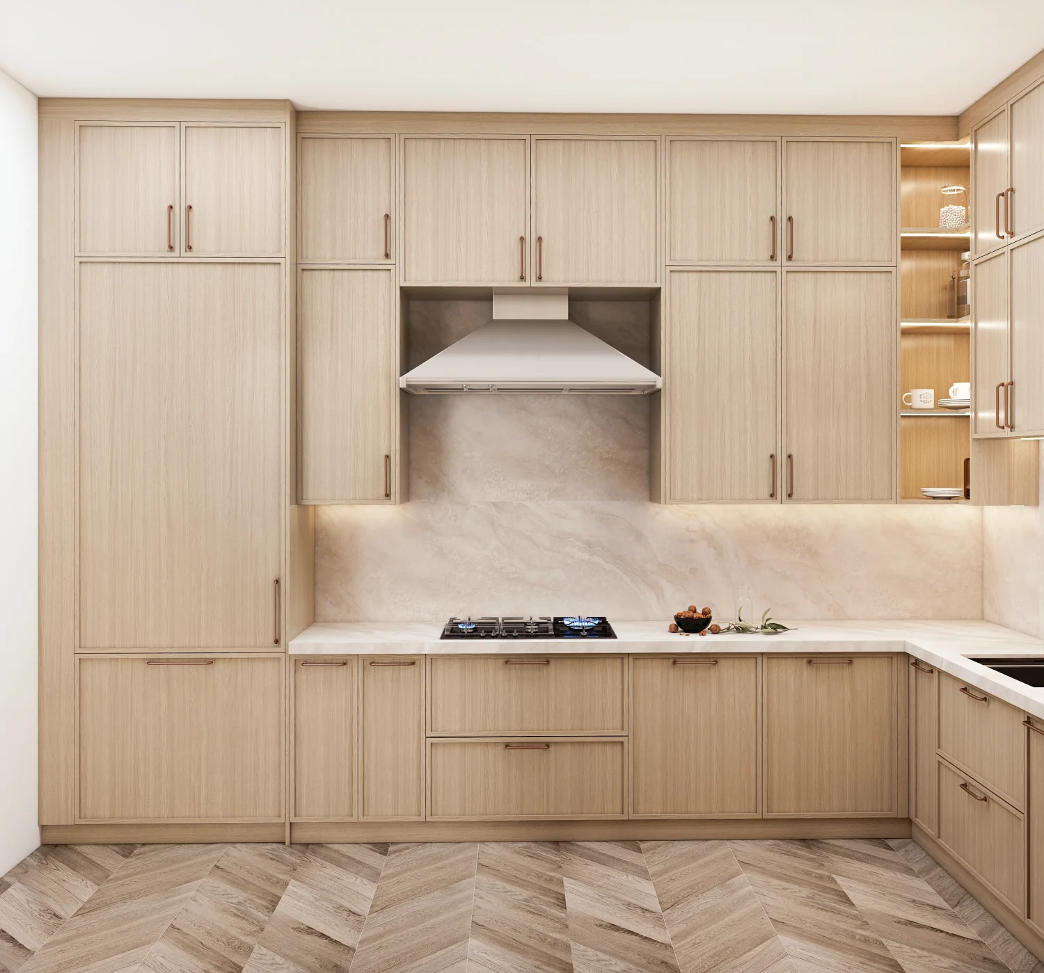 Classic modern kitchen with wood veneer cabinets, white countertops, and open shelving.
