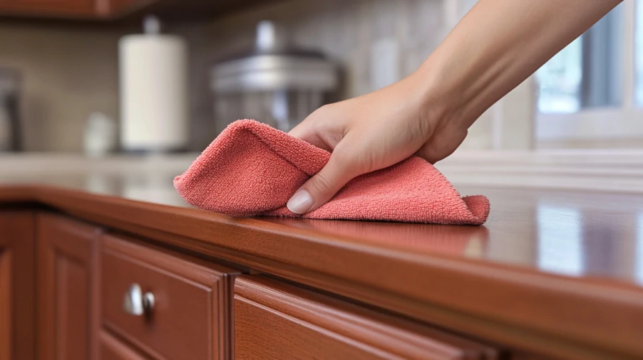 A hand wiping down a kitchen countertop, showing the care needed to maintain modular kitchen cabinets.