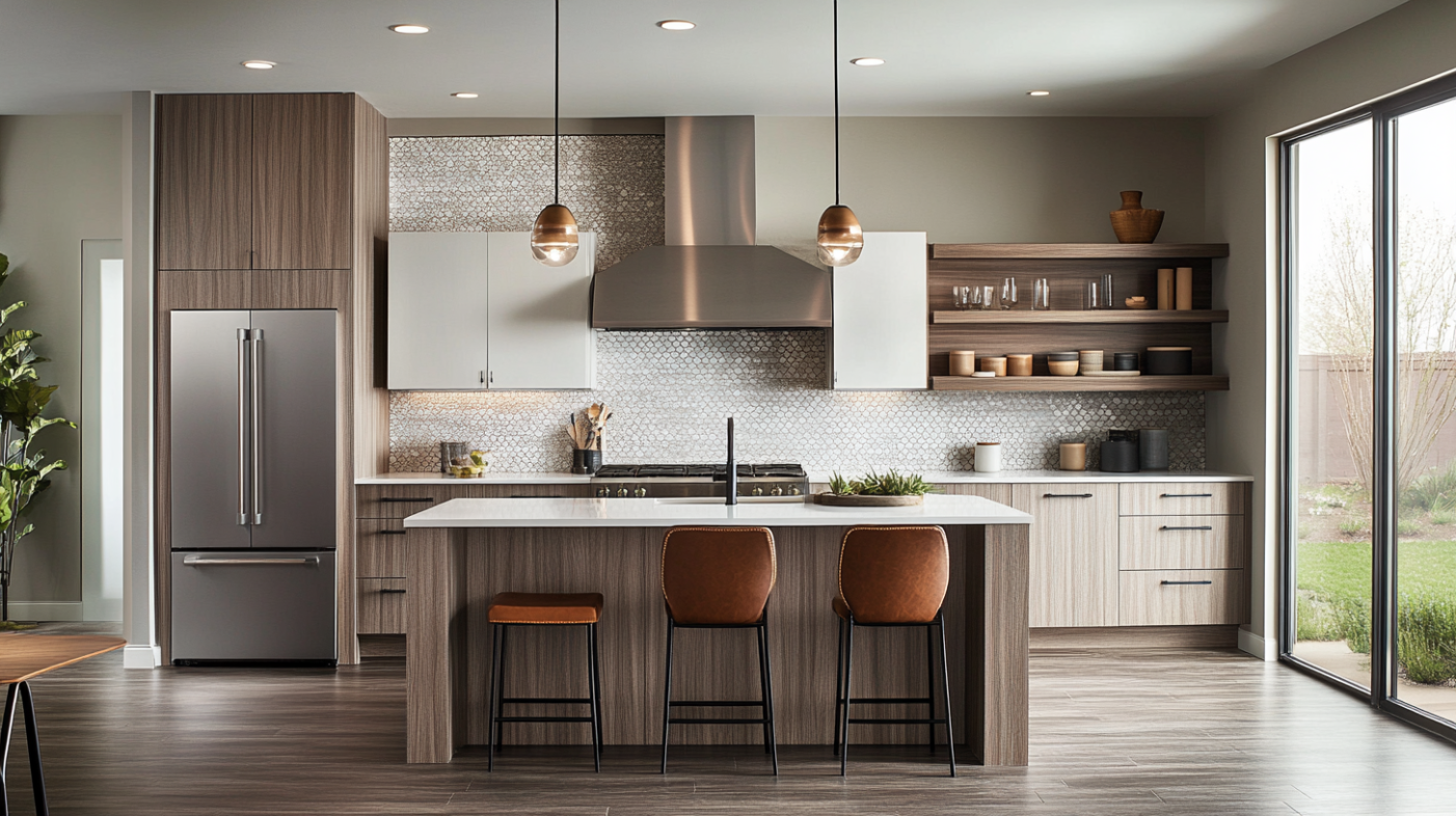 Why Choose Bertch Cabinets and Why Are They So Popular? 4 Contemporary kitchen with Bertch cabinets, a stylish range hood, and open shelving.