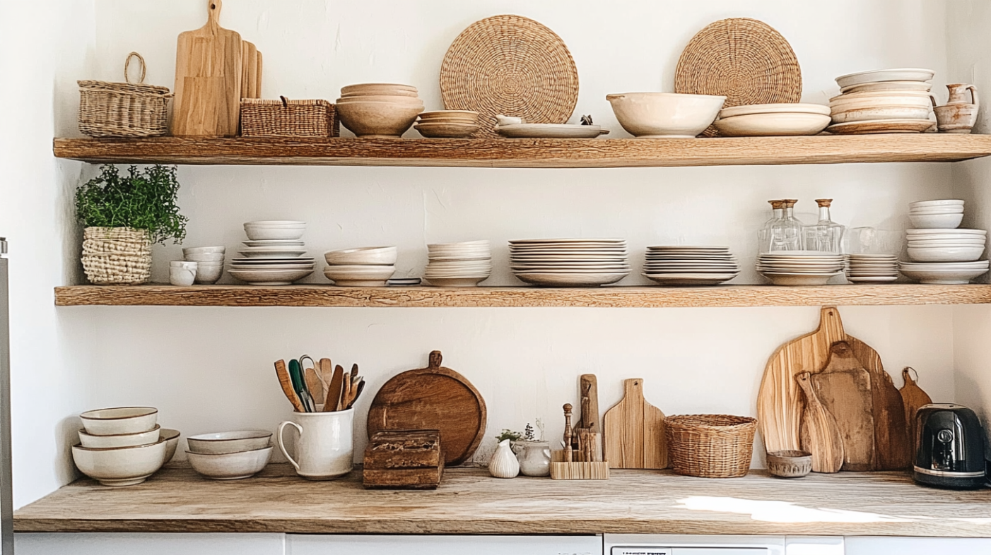 A warm farmhouse-style kitchen with open wooden shelves showcasing dishware, baskets, and decor.