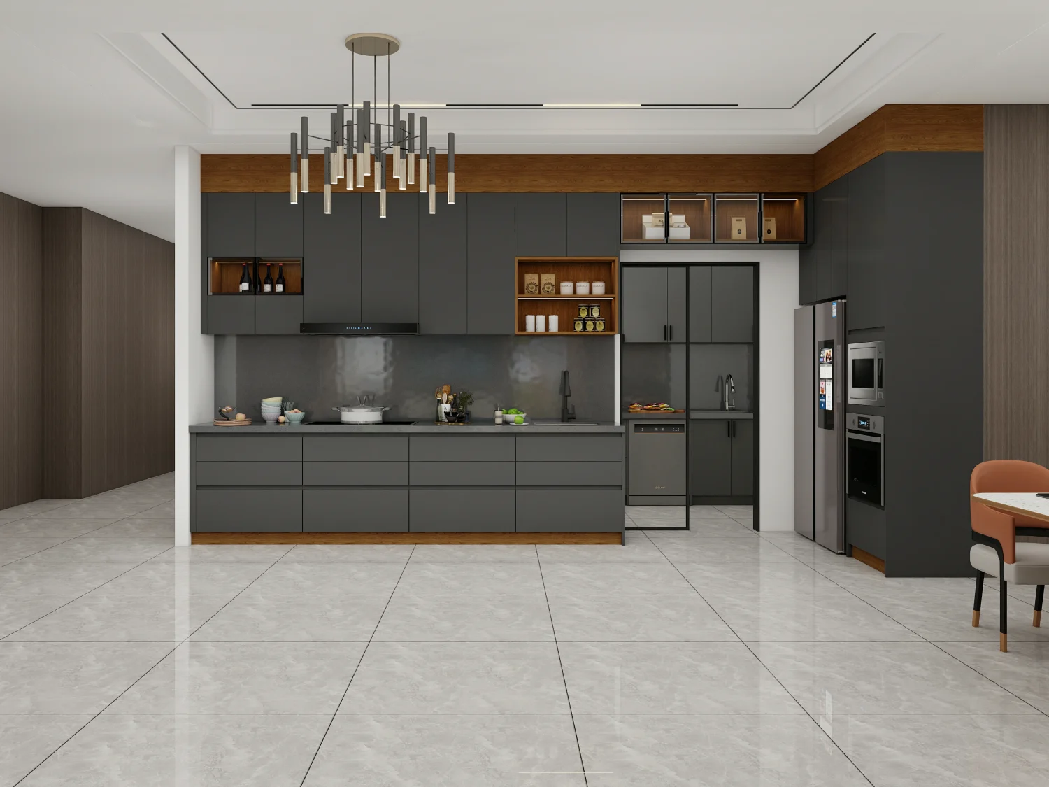 A modern kitchen with slab kitchen cabinets in gray and wood finishes, featuring sleek design and clean lines.
