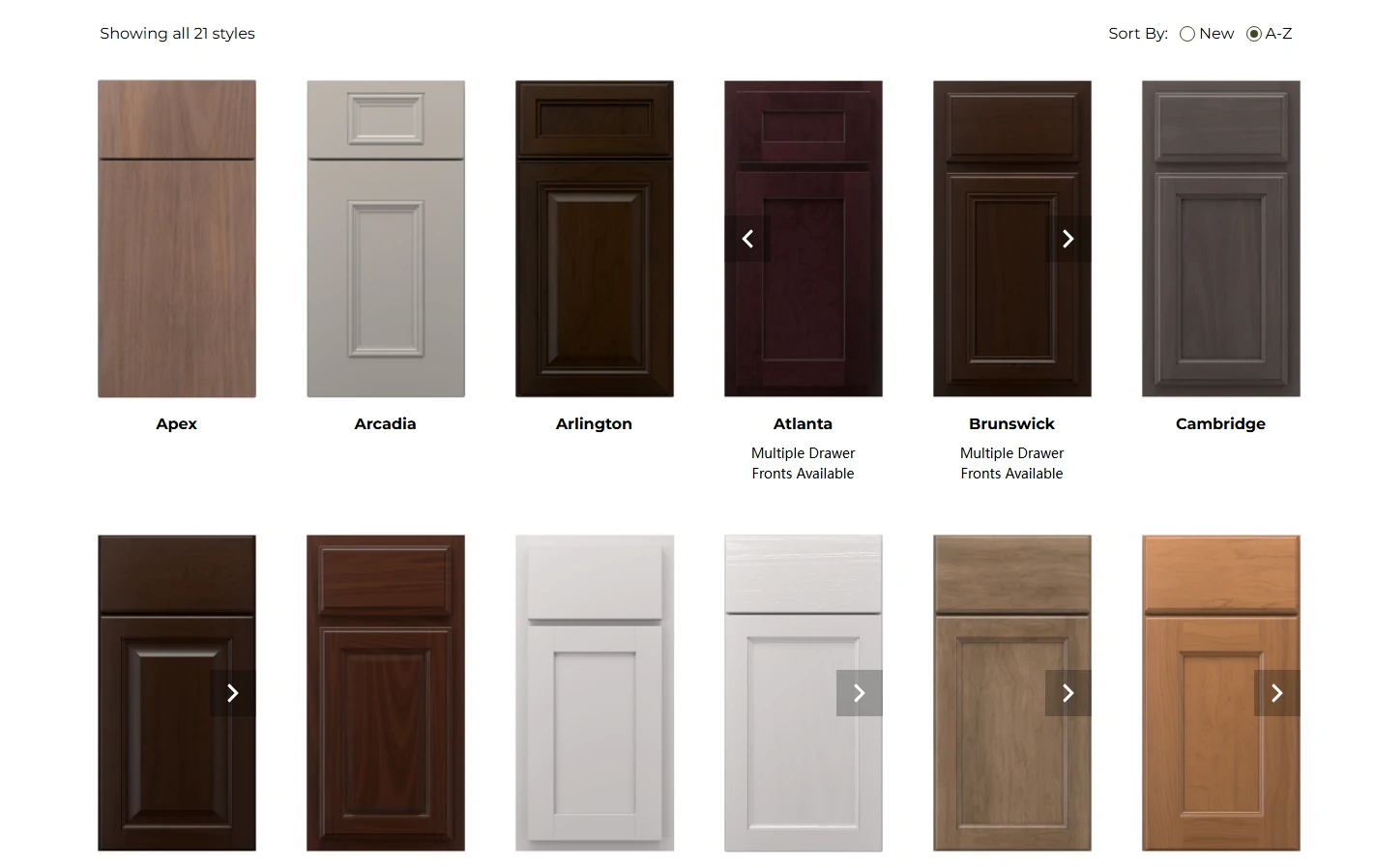 Collage of Marsh Cabinets door styles and finish swatches with labels.
