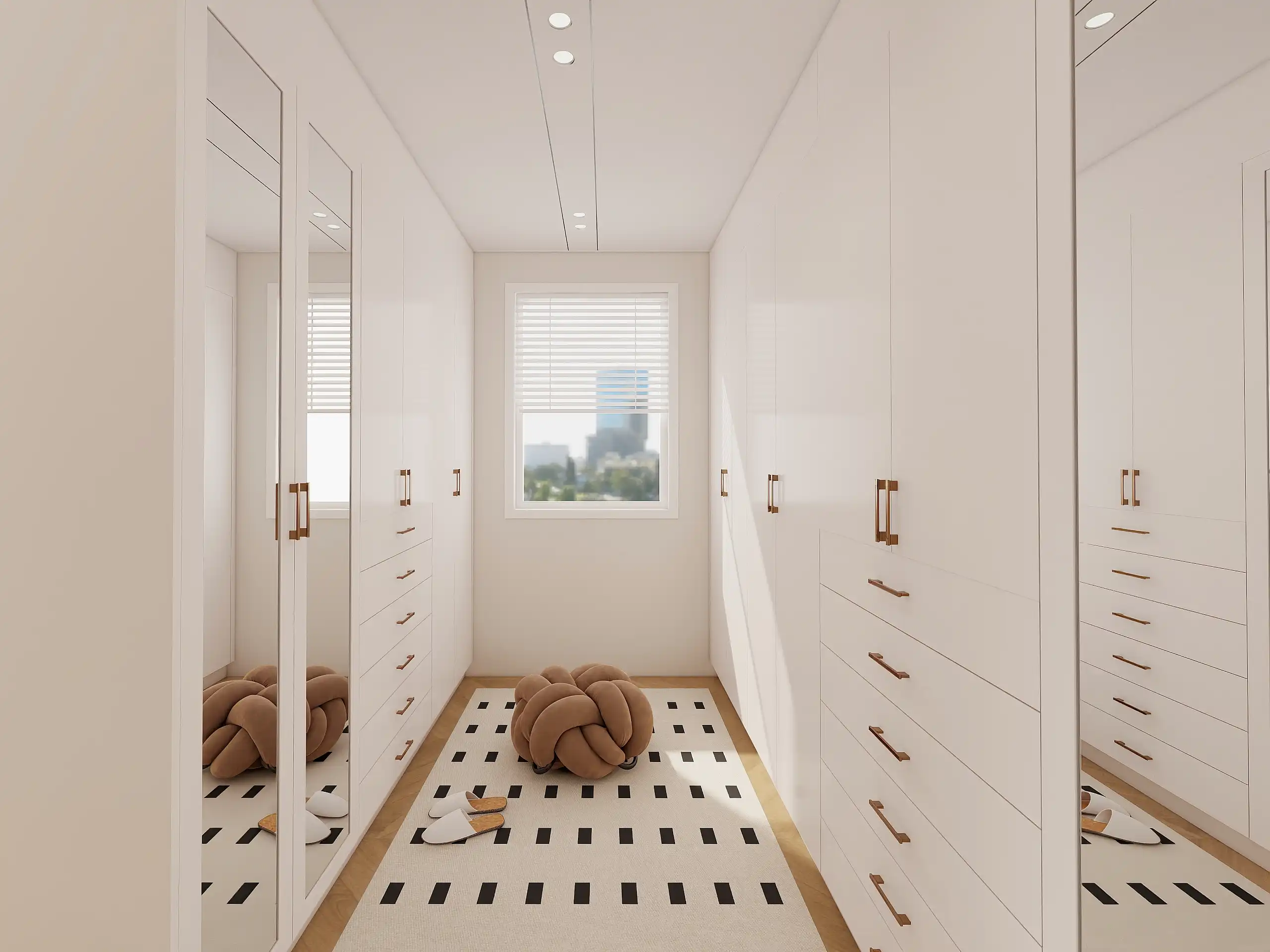 double-sided layout minimum width of walk in closet with mirrored doors organized drawers and natural light from window
