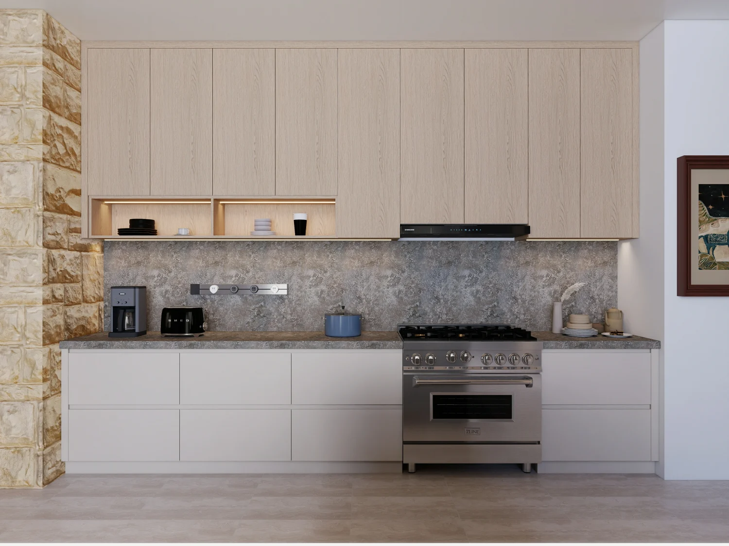 Modern kitchen featuring particle board cabinets with strategic placement and proper sealing for durability