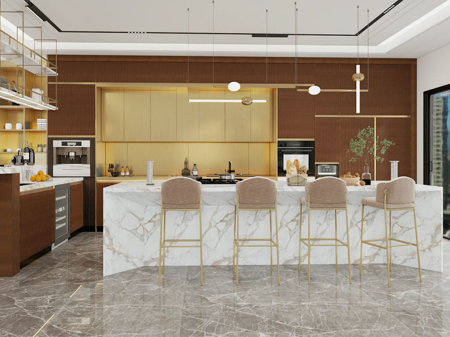 Bold fluted kitchen cabinets with warm wooden accents and a marble countertop creating a striking contrast.