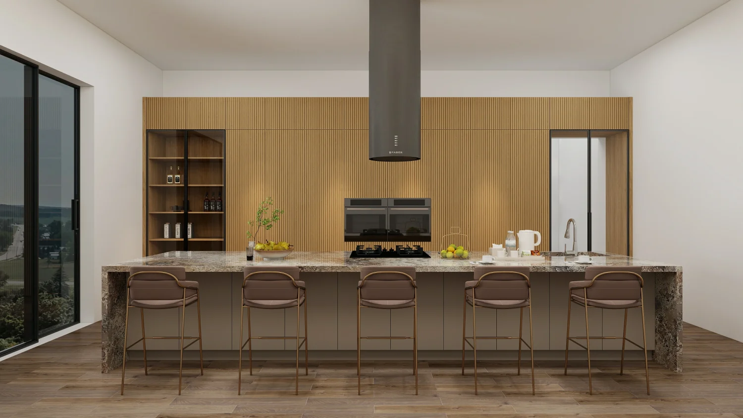 How to Choose Fluted Kitchen Cabinets for Timeless Style and Durability 1 Fluted kitchen cabinets in a modern kitchen with a granite countertop and open shelving.