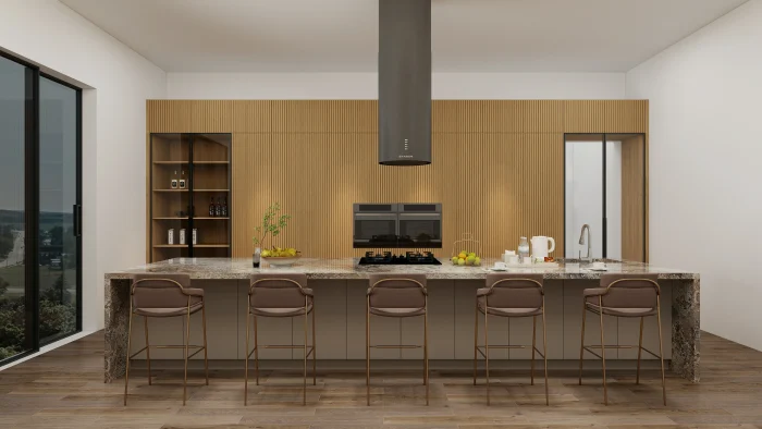 Fluted kitchen cabinets in a modern kitchen with a granite countertop and open shelving.