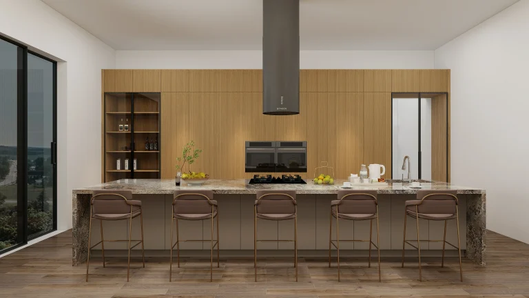 Fluted kitchen cabinets in a modern kitchen with a granite countertop and open shelving.