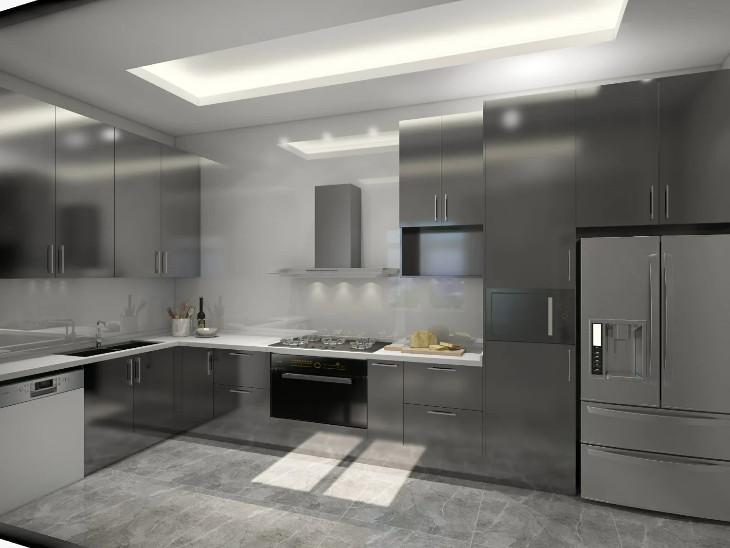 High gloss gray kitchen cabinets with sleek finishes create a modern and elegant kitchen design.