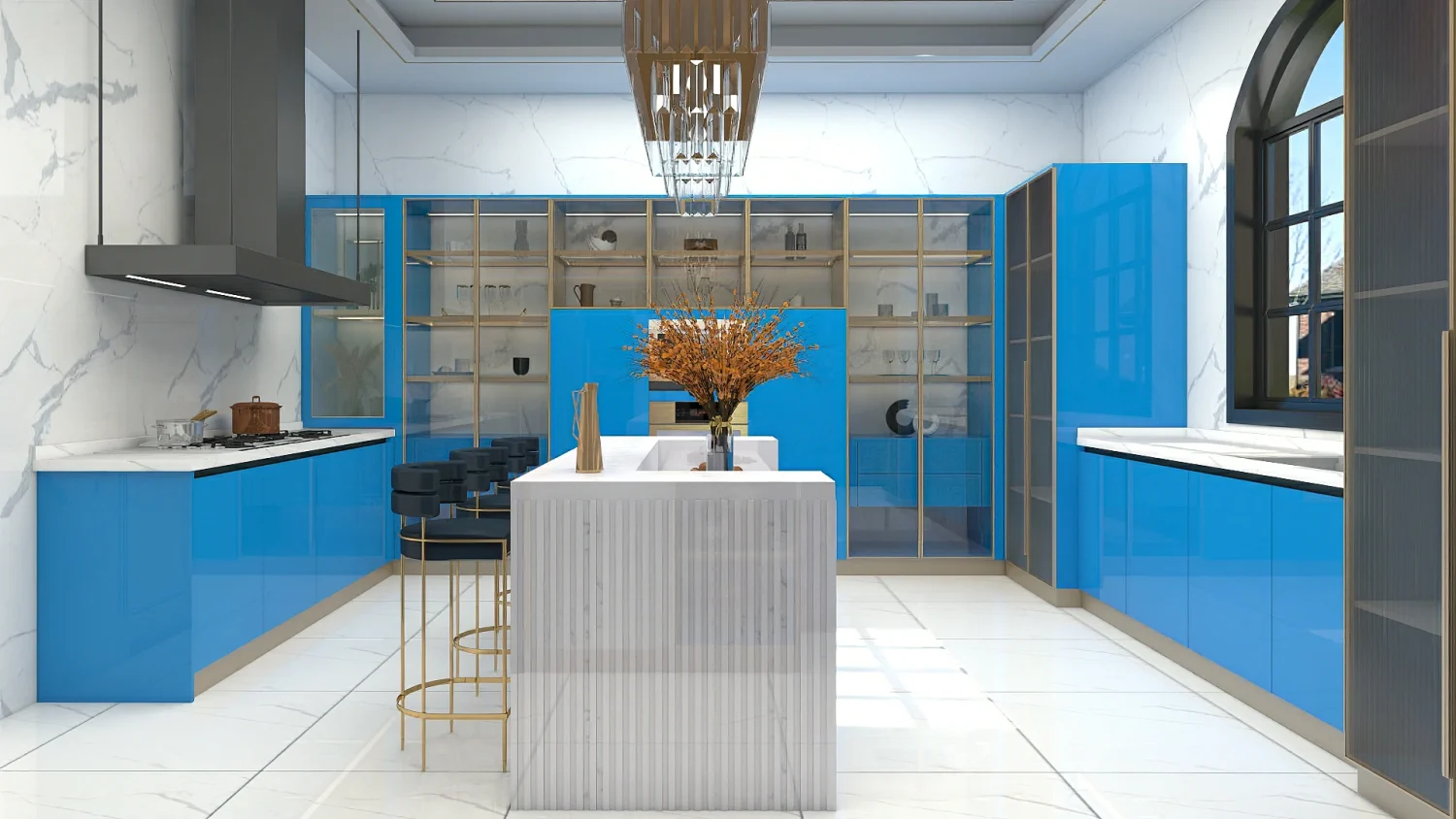 Modern high gloss blue kitchen cabinets reflect light, making the kitchen look brighter and more spacious.